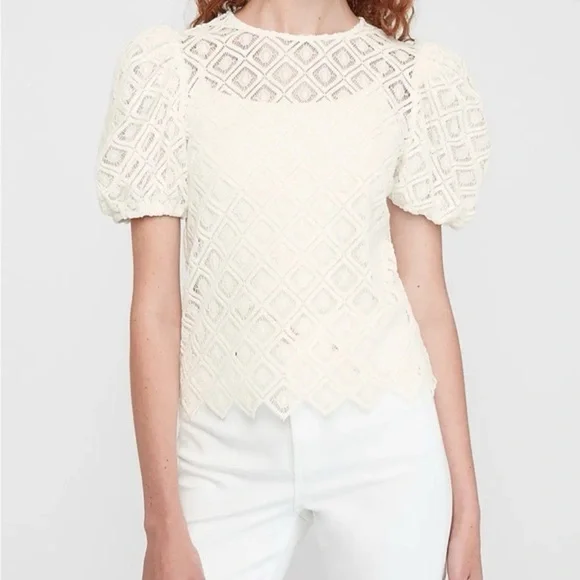 Express Puff Sleeve Cream Crochet Eyelet Blouse - Medium - Picture 1 of 6